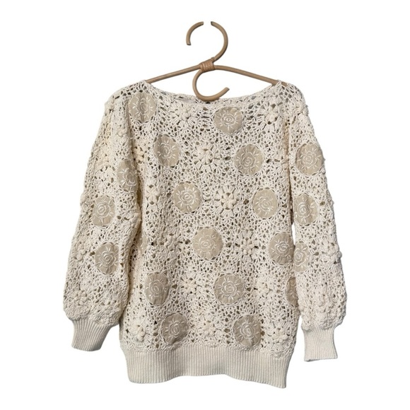 Vintage Handcrafted Open Crochet Sweater Floral Embroidered Pullover Ivory Large - Picture 1 of 12